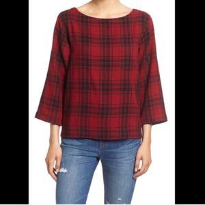 Madewell Red Black‎ Plaid Boat Neck 3/4 Sleeve Flannel Top Womens S Grunge Y2K